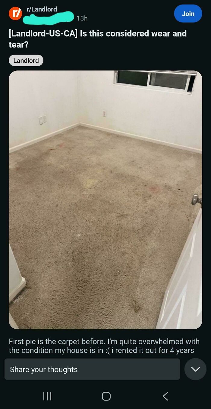A Reddit post from a landlord complaining about a stained carpet that needs to be replaced after four years