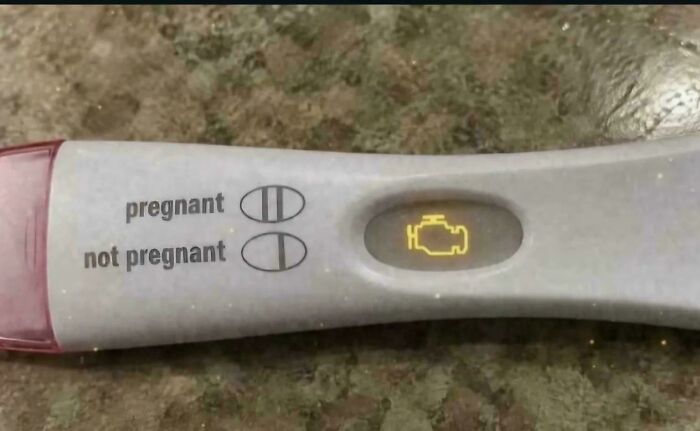 Funny memes of a pregnancy test showing a lit-up yellow check engine light icon.