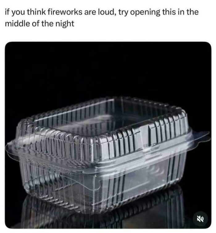 Funny memes showing a plastic food container with a joke about it being loud to open at night.