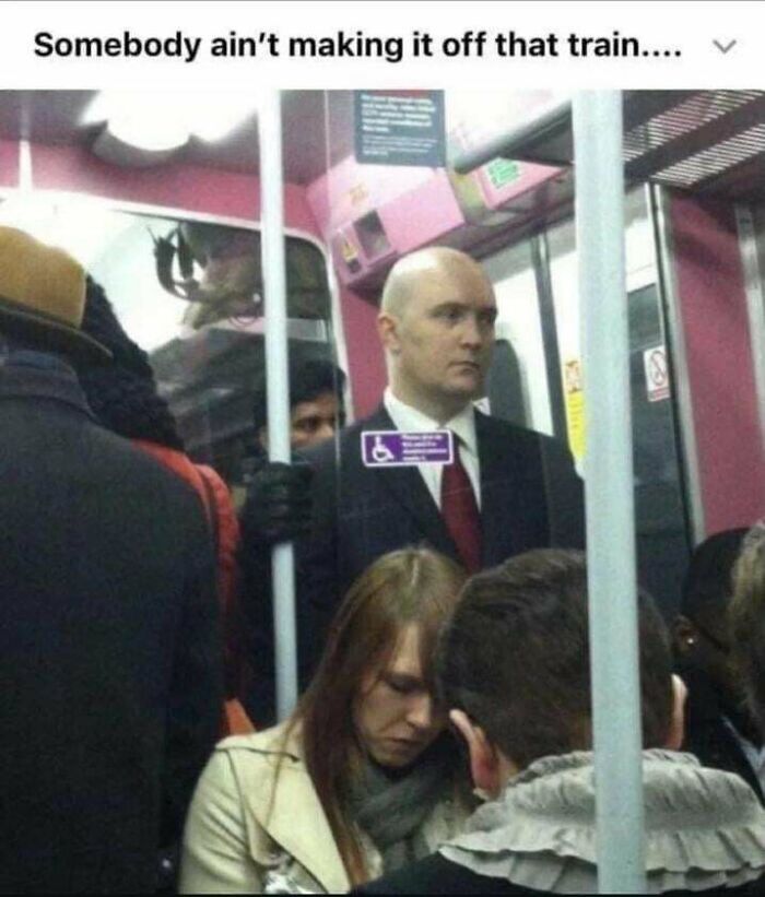 Funny memes of an Agent 47 lookalike on a train, captioned about someone not making it off.