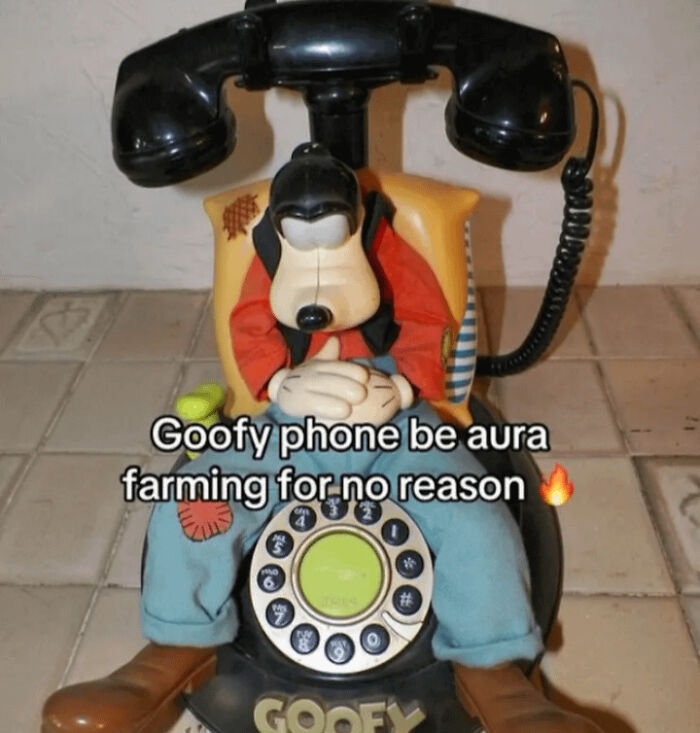 Funny memes showing a vintage Goofy character telephone with a caption about aura farming.