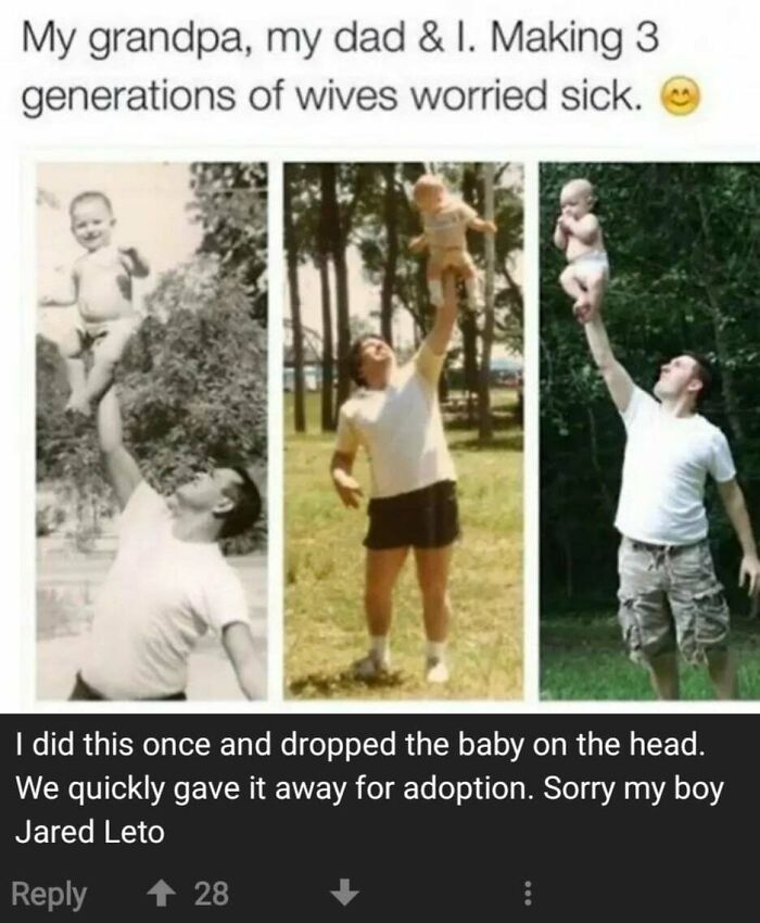 Three generations of fathers lifting babies with one arm in funny memes about parenting.
