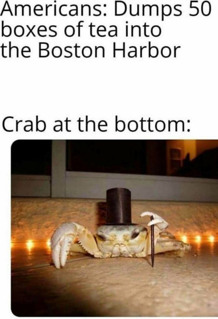 A dapper crab wearing a top hat at the bottom of the ocean, representing funny memes about historical events.