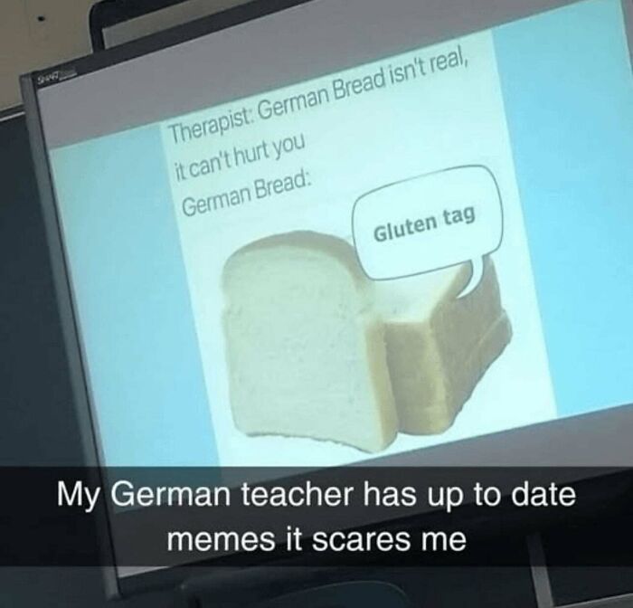 Funny memes about a slice of bread saying Gluten tag as a pun for guten tag on a screen