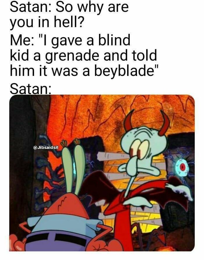 Funny memes of cartoon character Squidward as Satan, reacting to a dark joke in hell