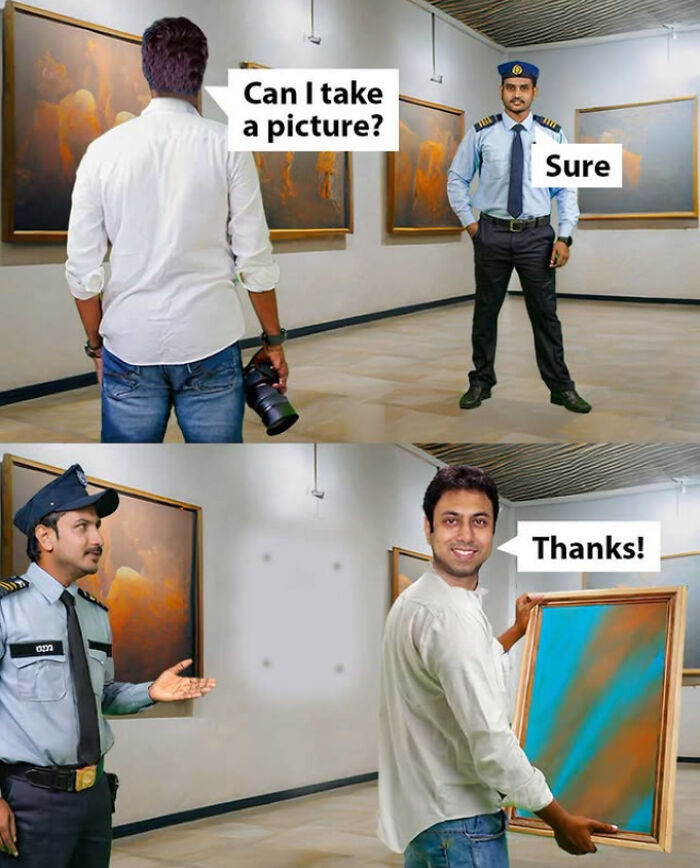 Funny memes of a museum visitor stealing a painting instead of taking a photo of it