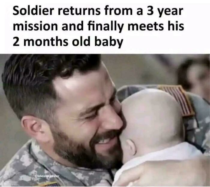 Funny memes showing a soldier emotional hug with a baby, highlighting a humorous logic flaw