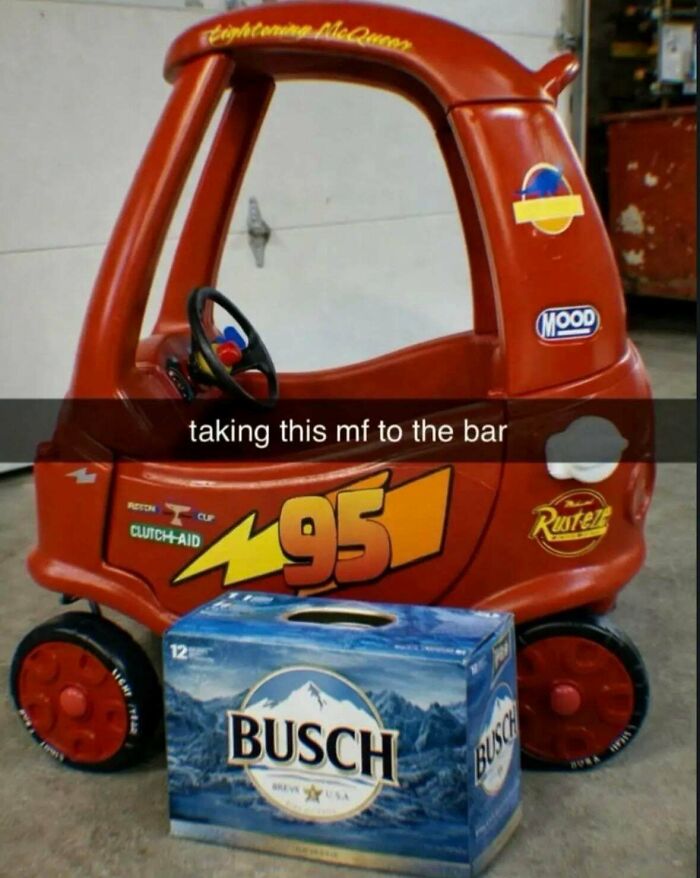 Funny memes depicting a toy car packed with a box of beer, captioned taking this mf to the bar