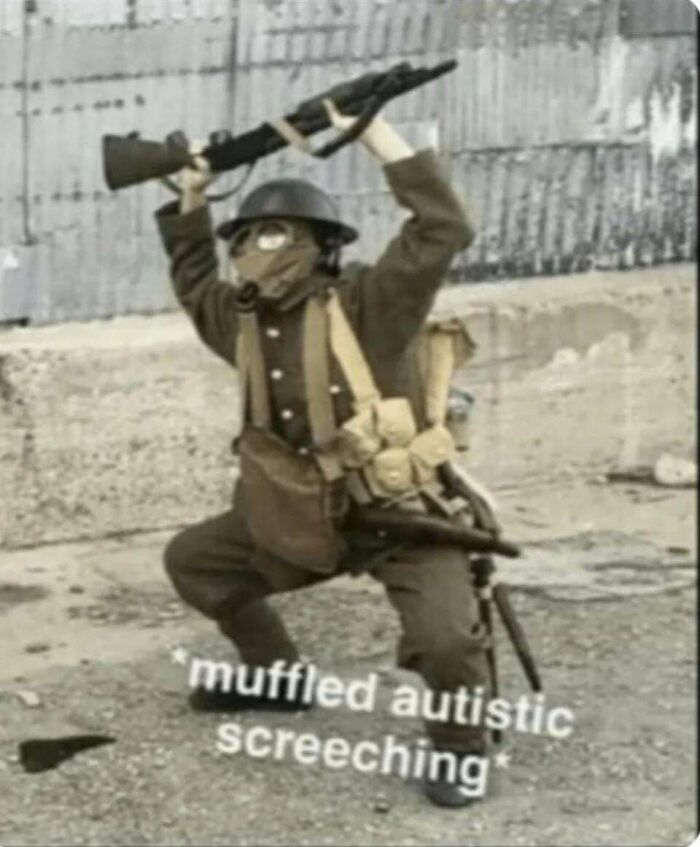 Soldier holding up a rifle with text muffled autistic screeching in funny memes.