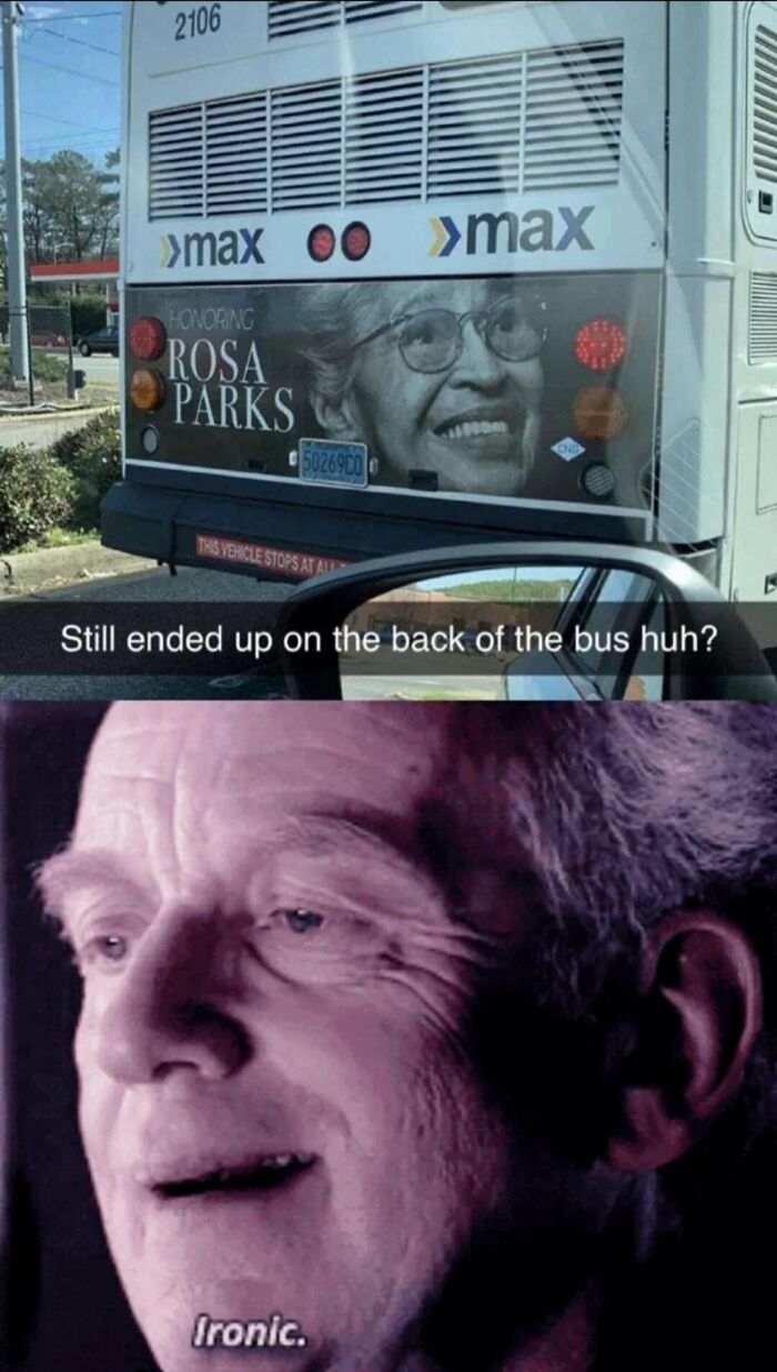 Funny memes showcasing a bus with Rosa Parks on the back and a reaction image below.