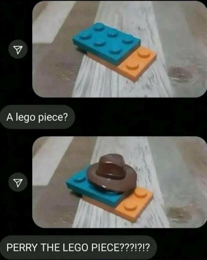 Funny memes depicting a lego piece wearing a brown fedora, labeled Perry the Lego Piece