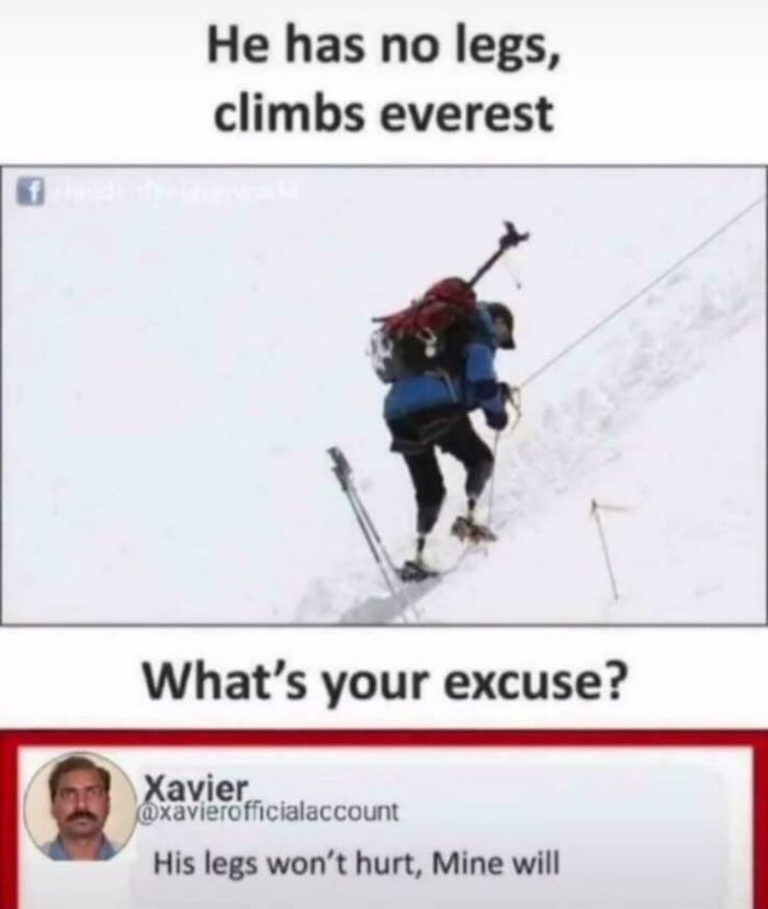 An inspirational image of a climber next to a funny meme response about leg pain from a Twitter user.