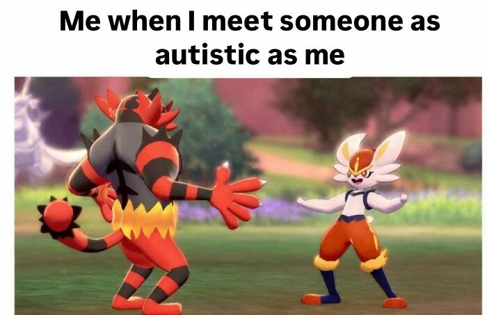 Pokemon characters Incineroar and Cinderace posing together in a funny meme about meeting a similarly unique friend.