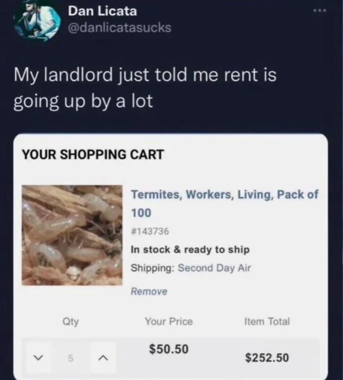 Social media post highlighting how a terrible landlord raised the rent, prompting an online purchase of termites.
