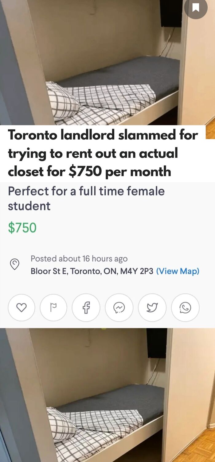 An ad from terrible landlords trying to rent out a tiny closet as a bedroom for 750 dollars a month