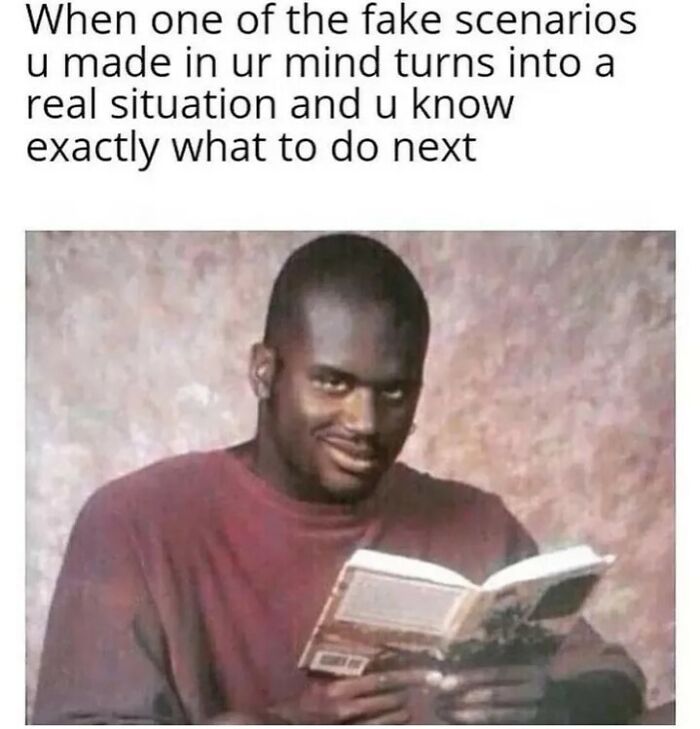 Relatable memes for introverts featuring Shaq smiling while looking at a book