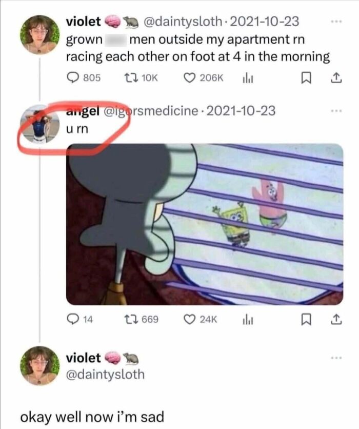 Social media thread with a Squidward meme template, sharing funny memes on Twitter.