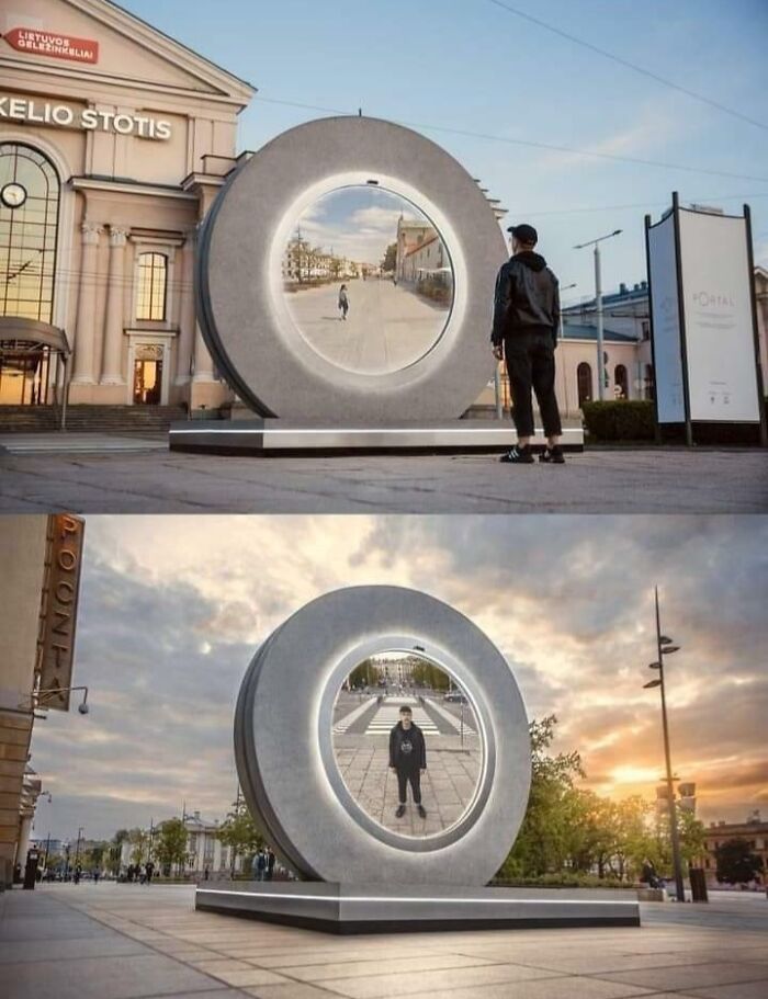 Large interactive portal screen displaying a live video feed connecting two different cities.