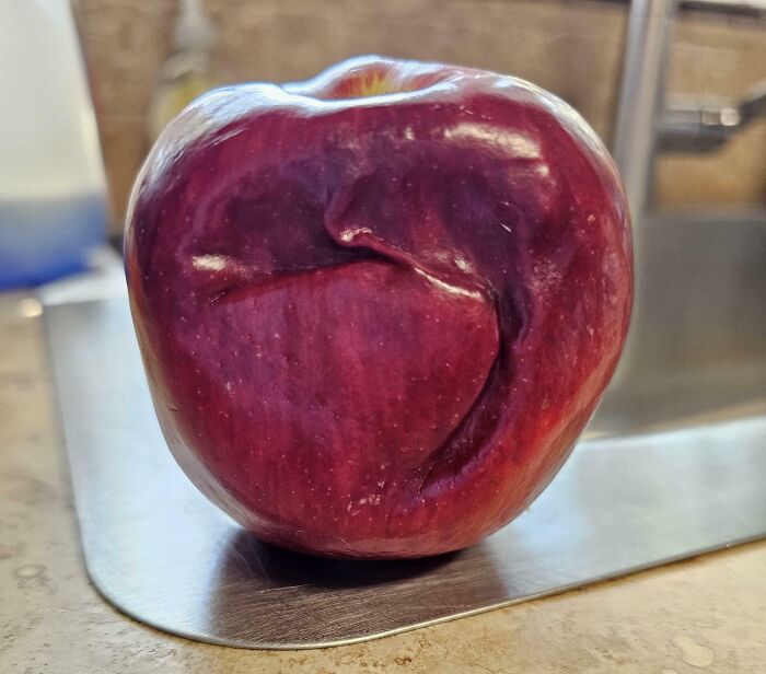 A red apple with a deep wrinkle on its skin, resembling a human ear, depicting cool photos of unique natural shapes.