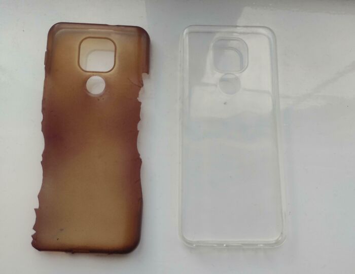An interesting photo comparing a heavily oxidized yellowed phone case next to a new clear one