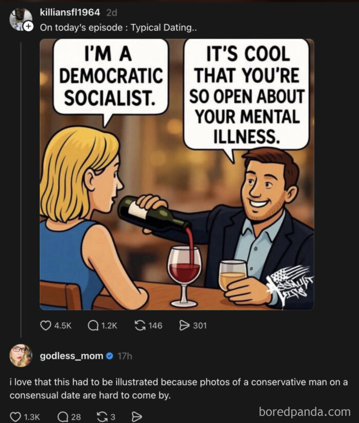 Illustration of a dating scene with a woman saying Im a democratic socialist and a man replying its cool youre open about your mental illness