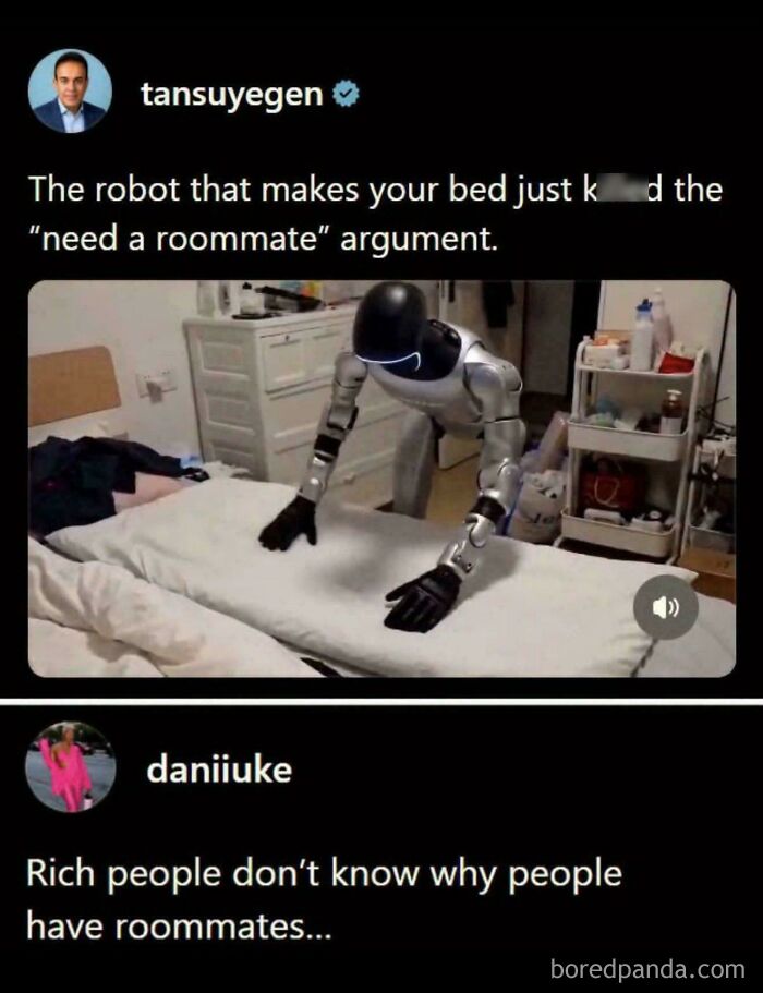 Tweet showing robot making bed with comment on roommates and rich people's perspective