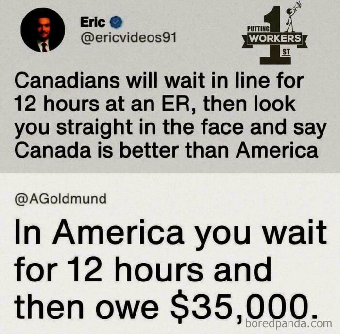 Funny tweet about Canadians waiting 12 hours in ER versus Americans owing $35,000