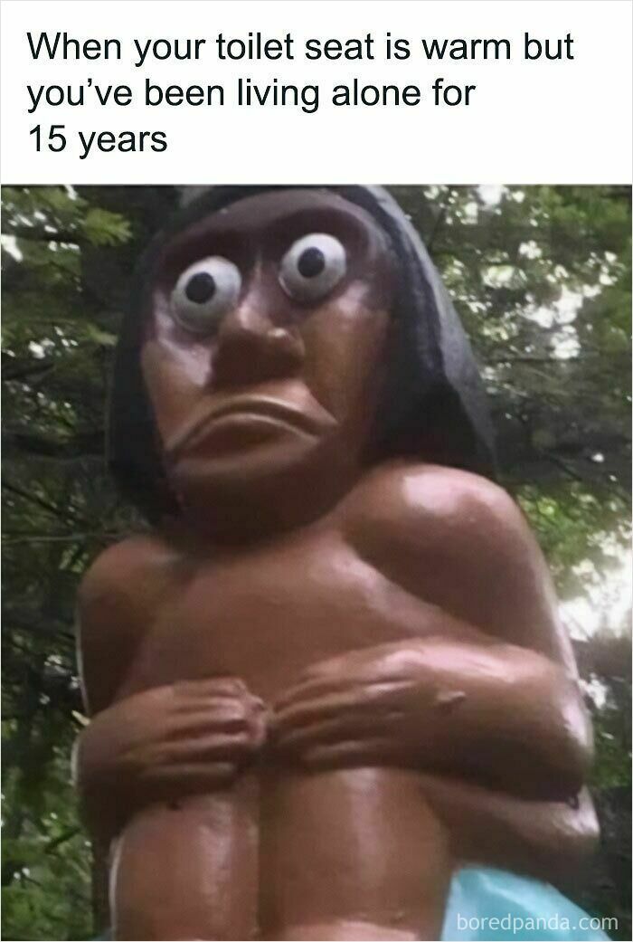 Funny meme with statue showing shock about warm toilet seat after years alone