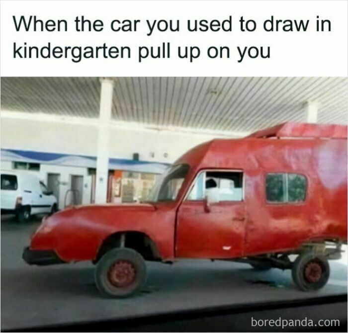 Funny meme of unusual car resembling kindergarten drawing