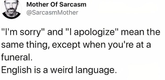 Funny memes about English language sarcasm and funeral apologies