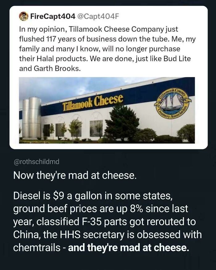 Tweet complaining about Tillamook Cheese Company and a sarcastic response about being mad at cheese