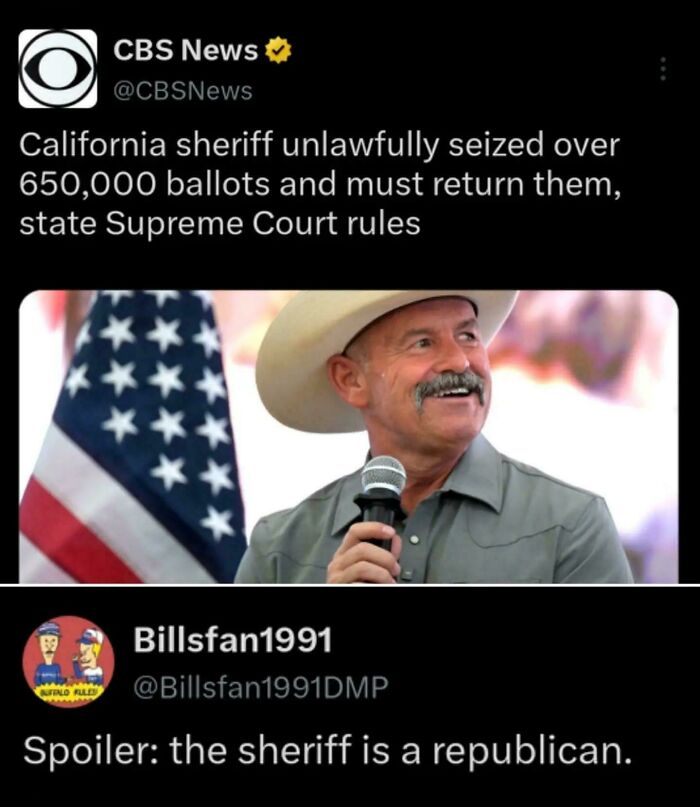 News about California sheriff seizing 650,000 ballots with comment on political affiliation