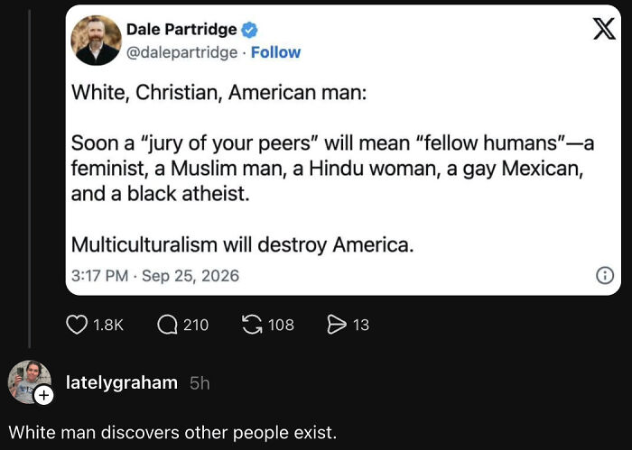 Tweet about multiculturalism and white Christian American man with feminist and Muslim peers
