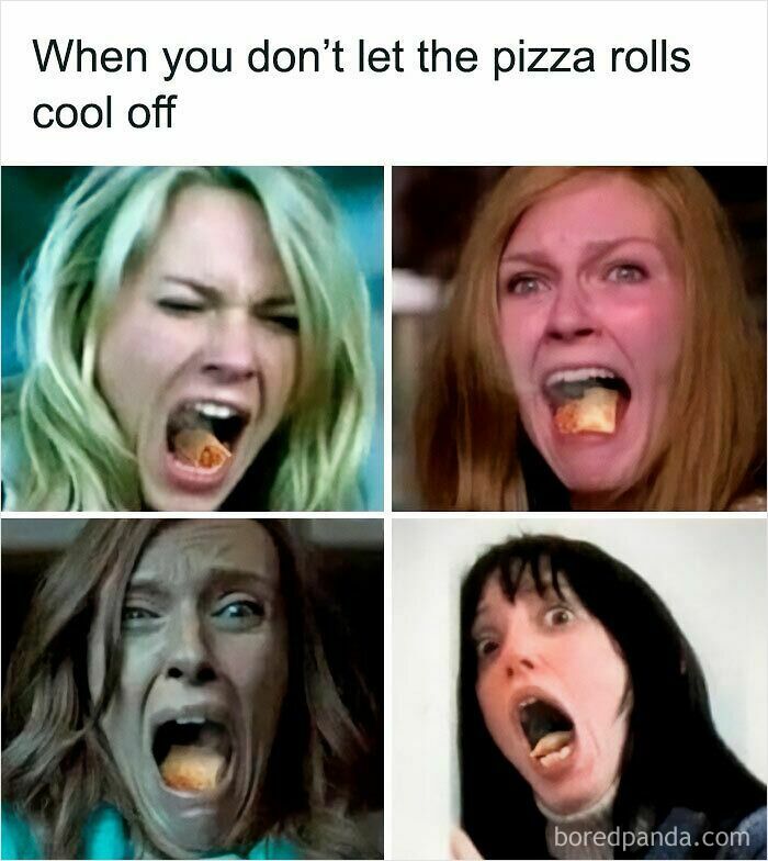 Meme about eating hot pizza rolls with funny facial expressions