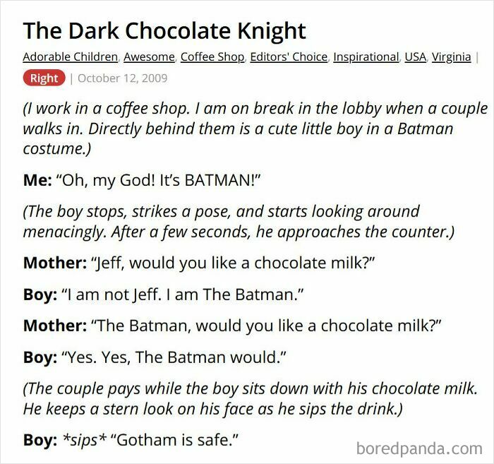 Child in Batman costume orders chocolate milk at coffee shop