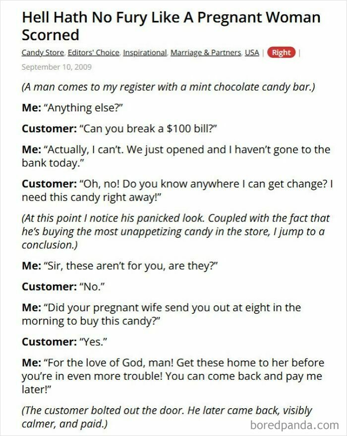 Pregnant woman sends husband to buy candy causing store interaction