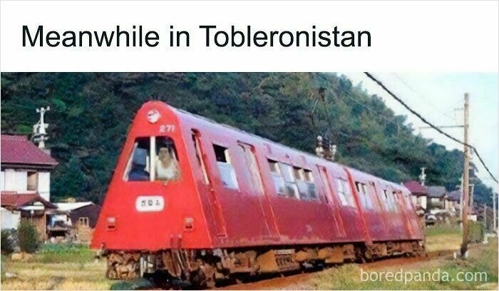 Funny meme of a train shaped like a Toblerone chocolate bar