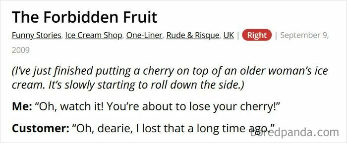 Older woman jokes about losing cherry on ice cream at ice cream shop