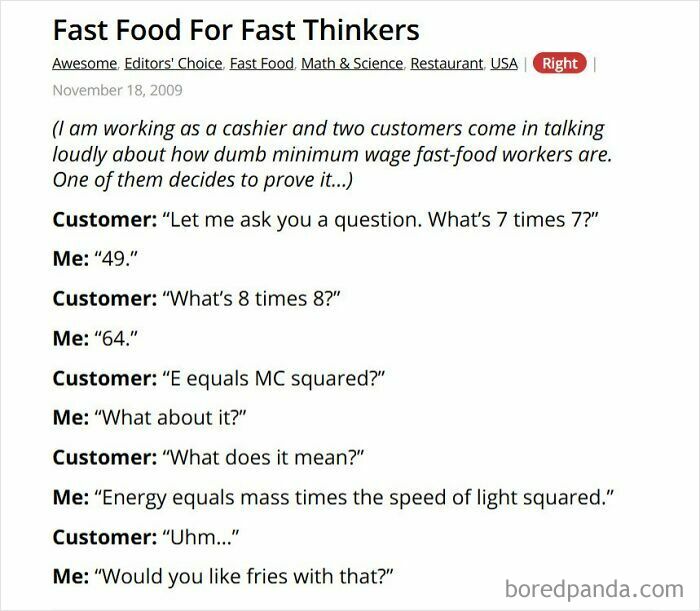 Funny fast food worker story about minimum wage workers and math questions