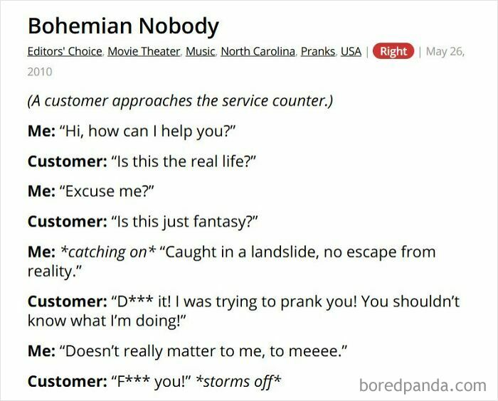 Customer pranks retail worker quoting lyrics in a business setting conversation