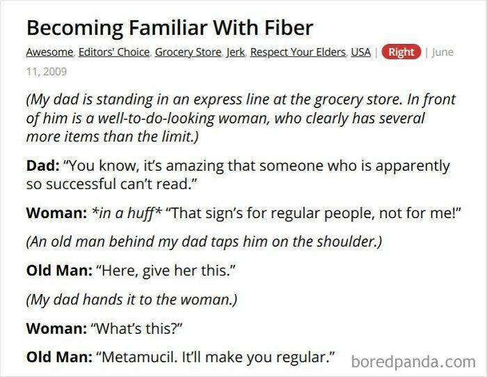 Grocery store story involving fiber and a woman in express line