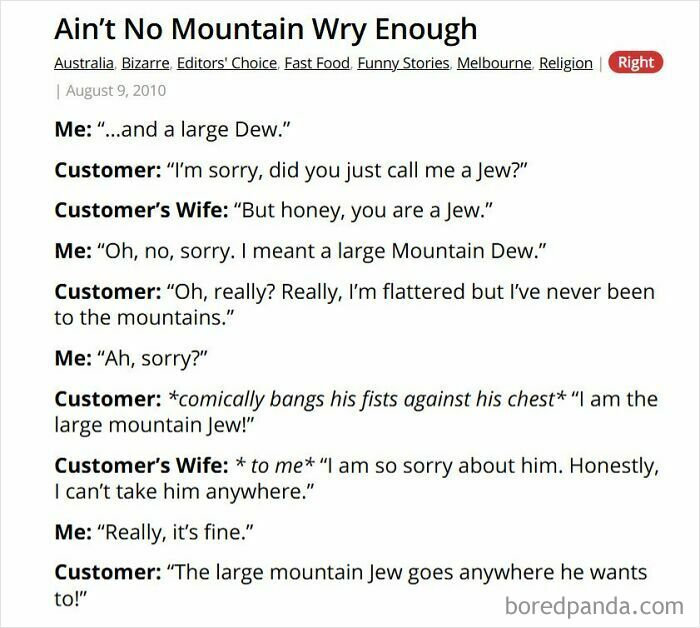Comical fast food order confusion involving Mountain Dew and a customer