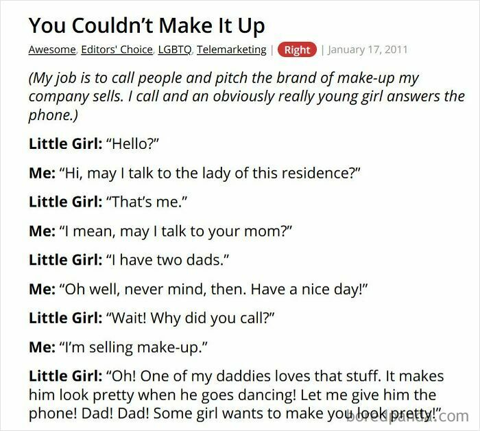 Young girl with two dads answers phone selling make-up products