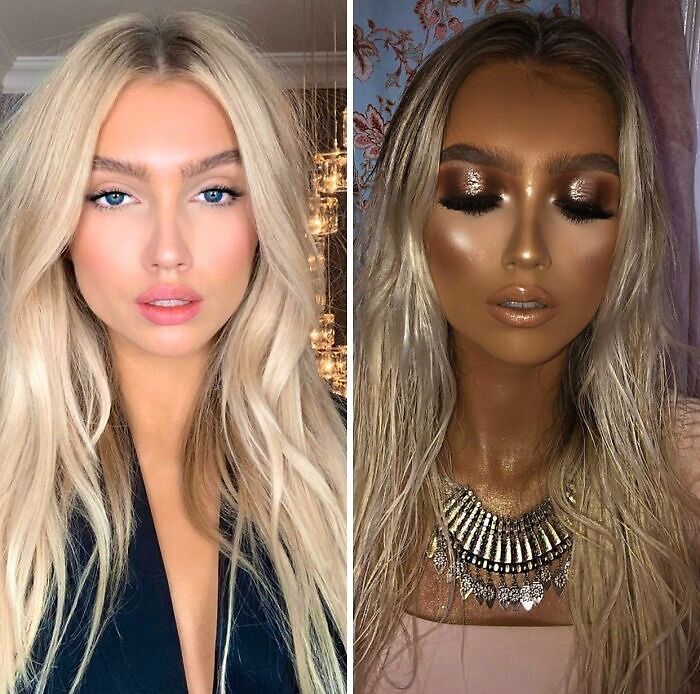 Extreme fake tan before and after showing beauty procedures fails with dark makeup