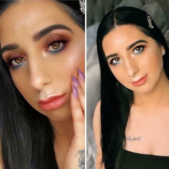Split screen of uneven eyebrow microblading as beauty procedures fails