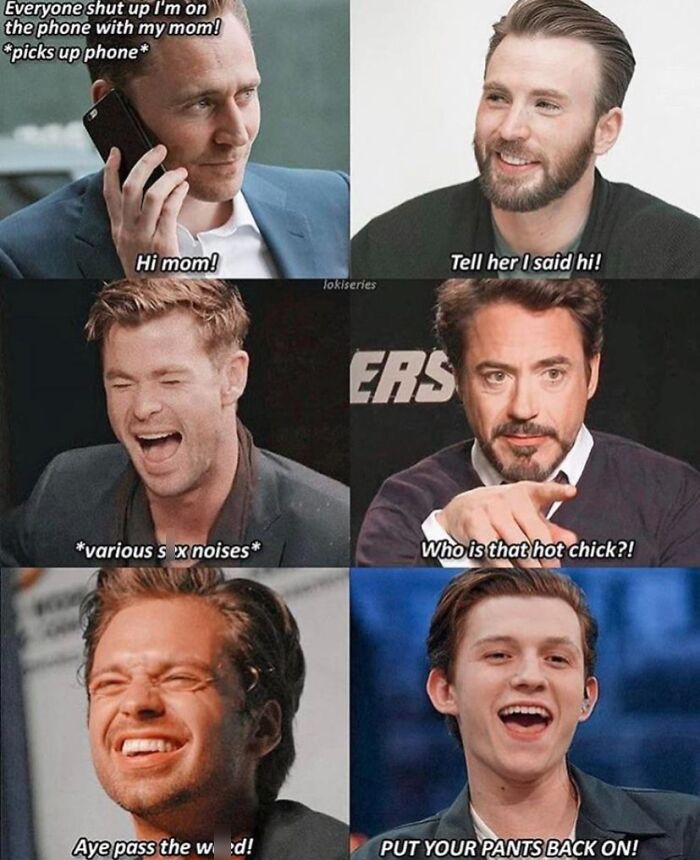 A six-panel Marvel actors meme with fake dialogue, showcasing fandom cringe memes.