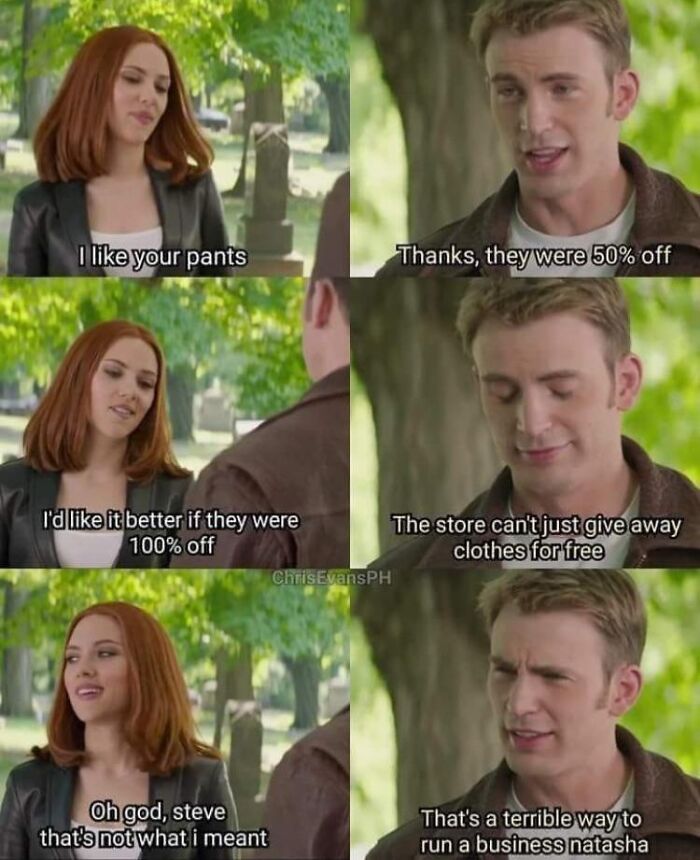 A cringe meme with Black Widow flirting with Captain America about half-off pants