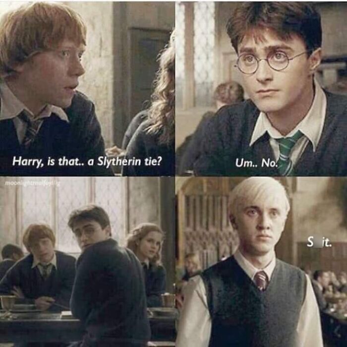 A cringe meme of Harry Potter and Ron Weasley discussing a Slytherin tie with Draco Malfoy looking on