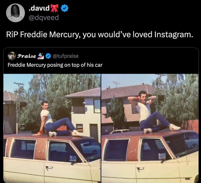 Relatable funny millennial memes tweet about Freddie Mercury posing on a car, perfect for Instagram