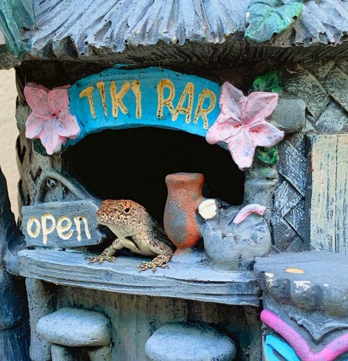A small lizard bartender working at a miniature tiki bar